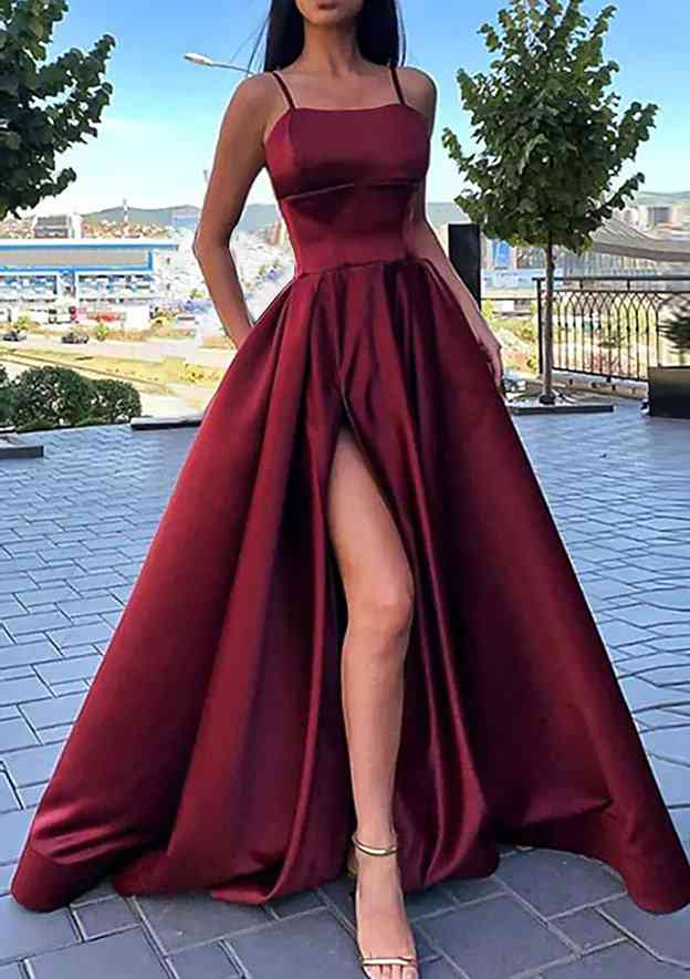 A-Line Square Neck Satin Prom Dress/Evening Dress With Split Pockets