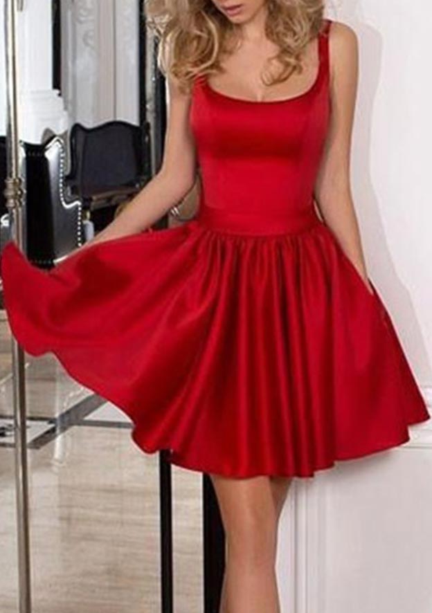 A-Line Square Neckline Sleeveless Short/Mini Satin Homecoming Dress with Bowknot Ruffles