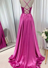 A-Line Square Neckline Spaghetti Straps Sweep Train Charmeuse Prom Dress/Evening Dress With Pleated