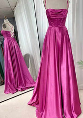 A-Line Square Neckline Spaghetti Straps Sweep Train Charmeuse Prom Dress/Evening Dress With Pleated