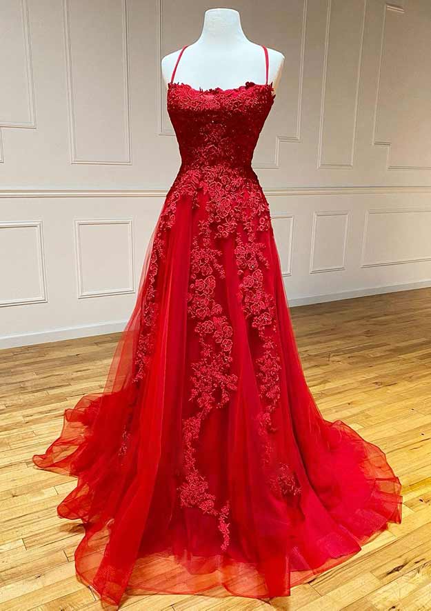 A-Line Square Neckline Spaghetti Straps Tulle Prom Dress/Evening Dress with Appliqued Beading and Court Train