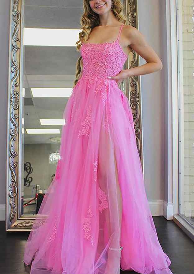 A-Line Square Neckline Tulle Prom Dress/Evening Dress with Spaghetti Straps and Sweep Train Split Appliqued