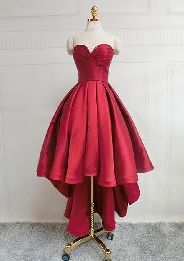 A-Line Sweetheart Sleeveless Satin Asymmetrical Homecoming Dress with Pleated Detail