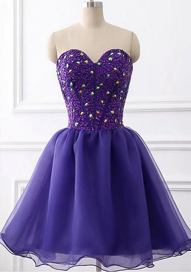 A-Line Sweetheart Sleeveless Tulle Short/Mini Homecoming Dress with Beading Rhinestones