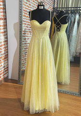 A-Line Sweetheart Spaghetti Straps Long/Floor-Length Tulle Prom Dress/Evening Dress With Pleated Glitter