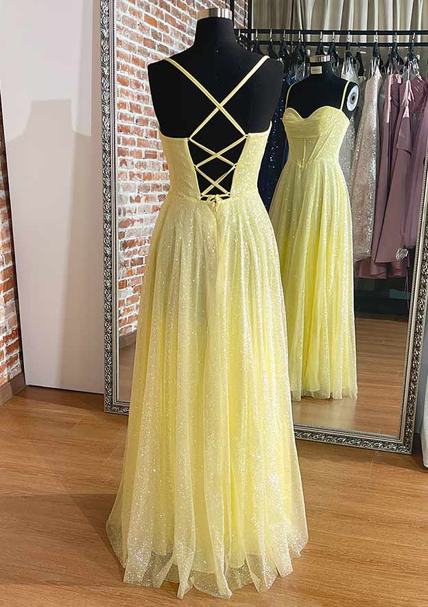 A-Line Sweetheart Spaghetti Straps Long/Floor-Length Tulle Prom Dress/Evening Dress With Pleated Glitter