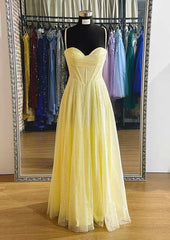 A-Line Sweetheart Spaghetti Straps Long/Floor-Length Tulle Prom Dress/Evening Dress With Pleated Glitter