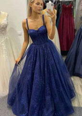 A-Line Sweetheart Spaghetti Straps Tulle Glitter Prom Dress/Evening Dress