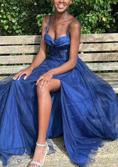 A-Line Sweetheart Spaghetti Straps Tulle Prom Dress/Evening Dress with Split Applique