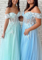 A-Line Tulle Prom Dress/Evening Dress with Laced Appliqu¨¦ - Off-the-Shoulder Long/Floor-Length