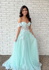 A-Line Tulle Prom Dress/Evening Dress with Laced Appliqu¨¦ - Off-the-Shoulder Long/Floor-Length