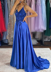 A-Line V-Neck Charmeuse Prom Dress/Evening Dress with Beading Sequins and Split