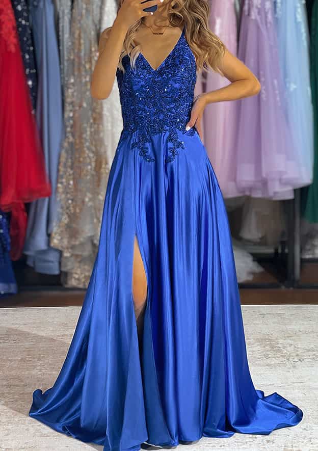 A-Line V-Neck Charmeuse Prom Dress/Evening Dress with Beading Sequins and Split