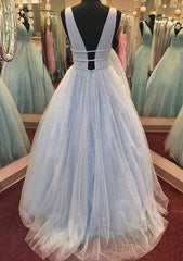 A-Line V-Neck Glitter Prom Dress/Evening Dress with Beading and Long Floor-Length Tulle