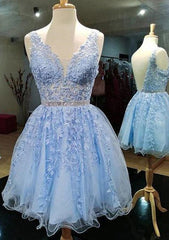 A-Line V-Neck Laced Homecoming Dress with Appliqued Beading