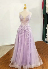 A-Line V-Neck Prom Dress/Evening Dress with Appliqued Sequins - Long/Floor-Length Tulle