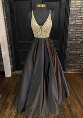 A-Line V-Neck Satin Prom Dress/Evening Dress With Beading Sequins and Spaghetti Straps