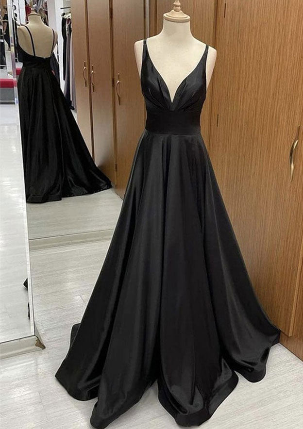 A-Line V-Neck Satin Prom Dress/Evening Dress with Pleated Sweep Train