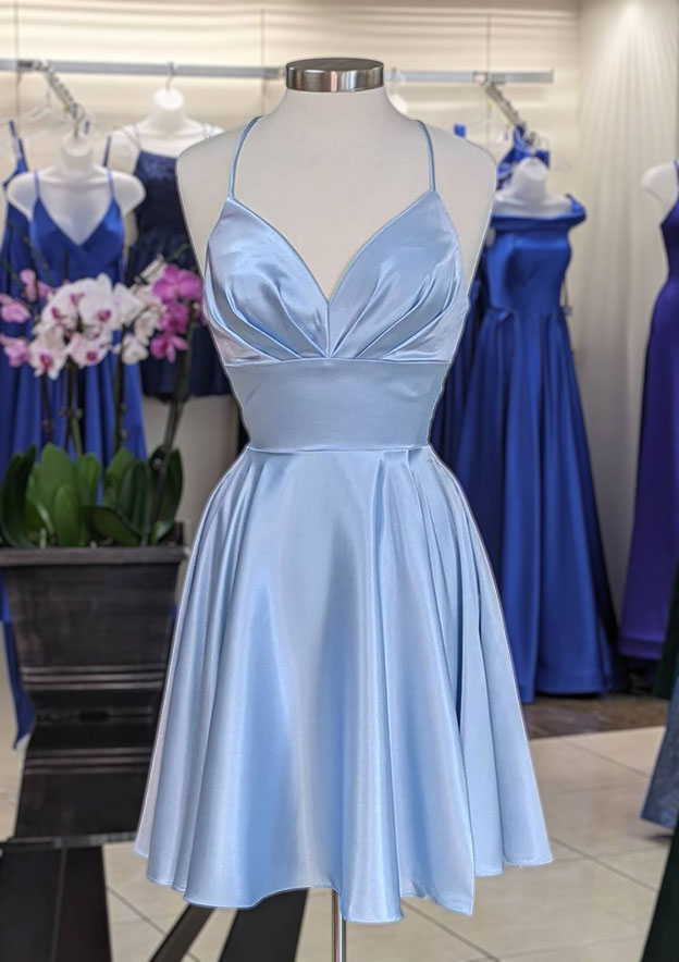 A-Line V-Neck Short Dress - Charmeuse Homecoming Gown with Pleated Skirt