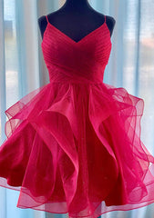 A-Line V-Neck Short/Mini Tulle Homecoming Dress with Glitter Pleated Accents