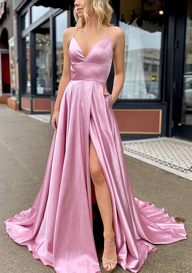 A-Line V-Neck Sleeveless Charmeuse Prom Dress/Evening Dress With Pockets and Sweep Train