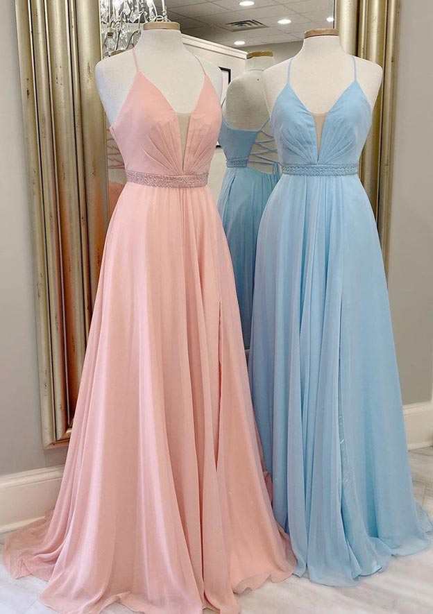 A-Line V-Neck Sleeveless Chiffon Sweep Train Prom Dress/Evening Dress With Beading Pleated