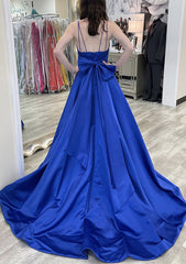 A-Line V-Neck Sleeveless Court Train Satin Prom Dress/Evening Dress with Bowknot Pleated Waistband