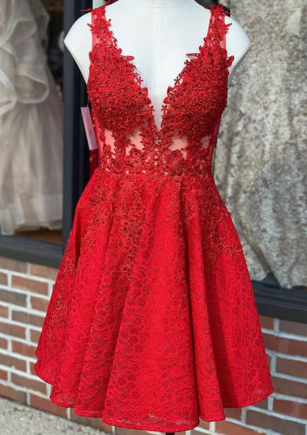 A-Line V-Neck Sleeveless Laced Homecoming Dress with Beading