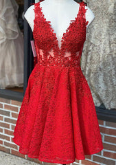 A-Line V-Neck Sleeveless Laced Homecoming Dress with Beading