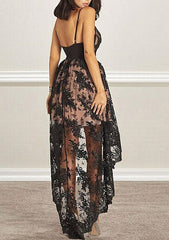 A-Line V-Neck Sleeveless Laced Satin Asymmetrical Homecoming Dress with Sequins