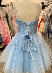 A-Line V-Neck Sleeveless Laced Tulle Satin Short/Mini Homecoming Dress with Appliqued Sequins