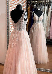 A-Line V-Neck Sleeveless Long Prom Dress/Evening Dress With Glitter Appliques