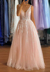 A-Line V-Neck Sleeveless Long Prom Dress/Evening Dress With Glitter Appliques