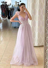 A-Line V-Neck Sleeveless Long Tulle Prom Dress/Evening Dress with Beading Flowers