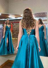 A-Line V-Neck Sleeveless Satin Long/Floor-Length Prom Dress/Evening Dress With Pockets Split