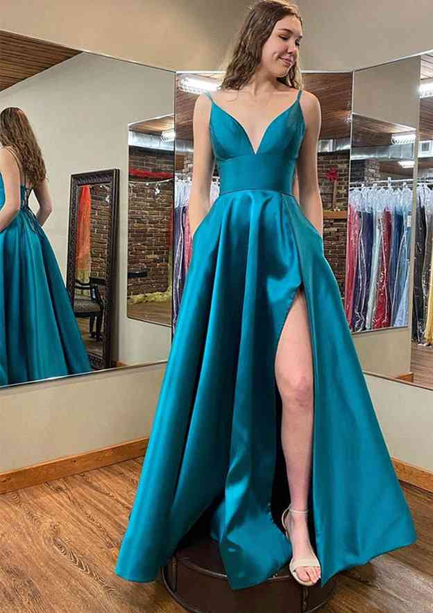 A-Line V-Neck Sleeveless Satin Long/Floor-Length Prom Dress/Evening Dress With Pockets Split