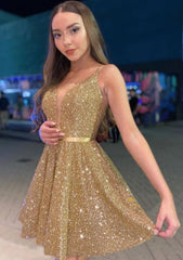 A-Line V-Neck Sleeveless Sequined Mini Homecoming Dress With Sashes