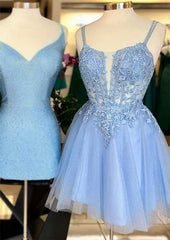 A-Line V-Neck Sleeveless Short/Mini Tulle Homecoming Dress with Appliqued Beading and Glitter