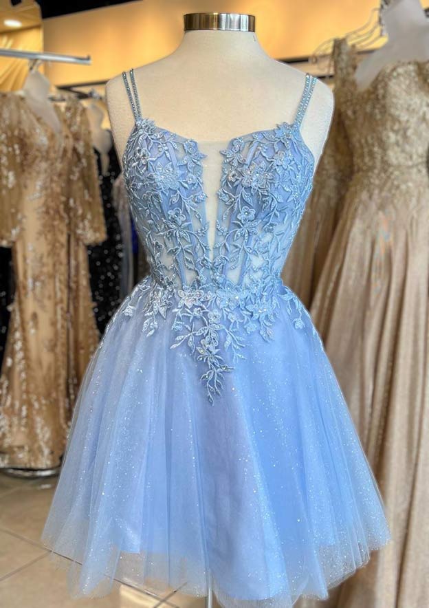 A-Line V-Neck Sleeveless Short/Mini Tulle Homecoming Dress with Appliqued Beading and Glitter