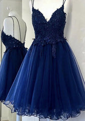 A-Line V-Neck Sleeveless Tulle Homecoming Dress with Beading Laced Applique