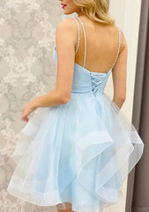 A-Line V-Neck Sleeveless Tulle Mini Homecoming Dress with Beading and Pleats