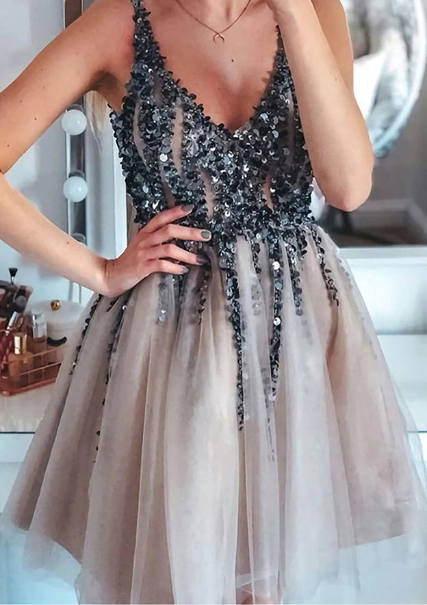 A-Line V-Neck Sleeveless Tulle Short Homecoming Dress with Sequins Beading