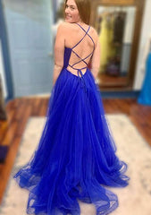 A-Line V-Neck Spaghetti Straps Court Train Tulle Prom Dress/Evening Dress With Split