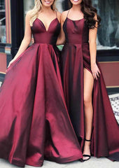 A-Line V-Neck Spaghetti Straps Long Satin Prom Dress/Evening Dress with Split