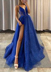 A-Line V-Neck Spaghetti Straps Long Tulle Prom Dress/Evening Dress With Glitter Split