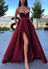 A-Line V-Neck Spaghetti Straps Long/Floor-Length Satin Prom Dress/Evening Dress with Split Pockets and Beading