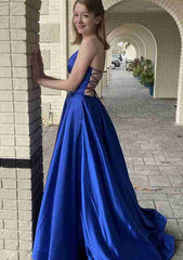 A-Line V-Neck Spaghetti Straps Prom Dress/Evening Dress With Pockets - Charmeuse Sweep Train