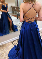 A-Line V-Neck Spaghetti Straps Sweep Train Charmeuse Prom Dress/Evening Dress with Pleated Split