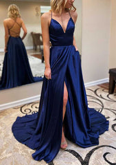 A-Line V-Neck Spaghetti Straps Sweep Train Charmeuse Prom Dress/Evening Dress with Pleated Split