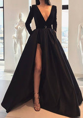 A-Line V-Neck Strapless Long Split Prom Dress/Evening Dress in Satin Velvet with Waistband